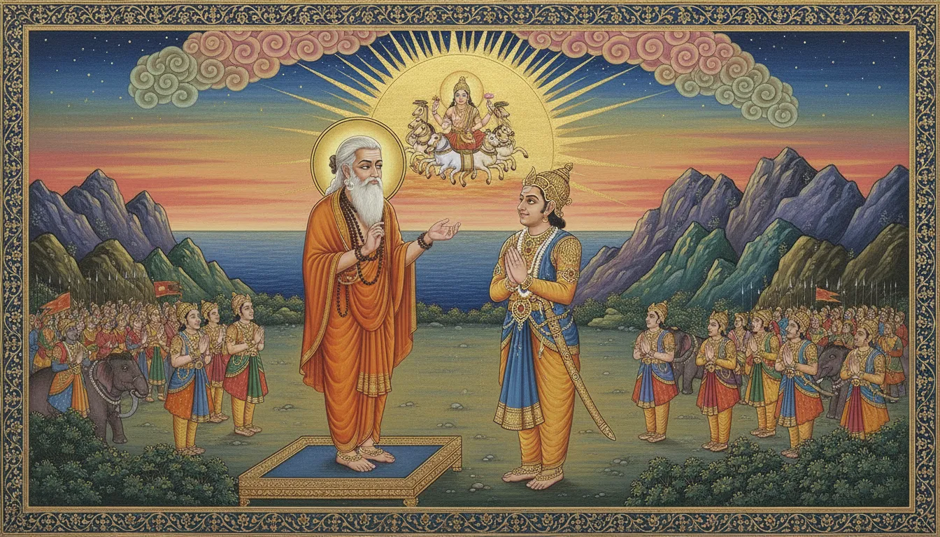 Sage Agastya teaching Lord Rama the Aditya Hridayam hymn on the battlefield of Lanka