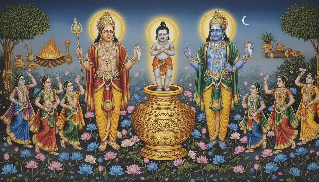 The miraculous birth of Agastya from a divine pot, witnessed by the gods Mitra and Varuna