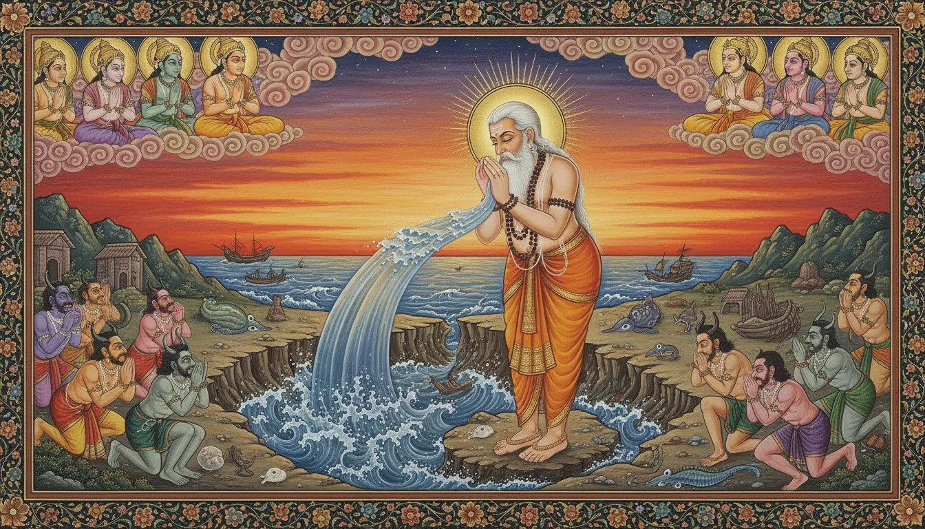Sage Agastya drinking the entire ocean to expose the demons hiding beneath the waves