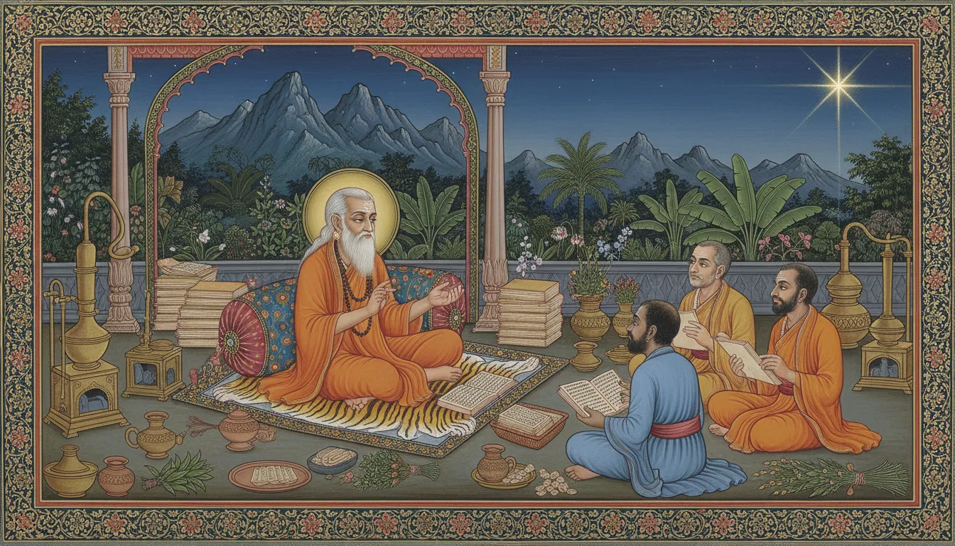 Sage Agastya teaching Siddha medicine to his disciples in a South Indian ashram