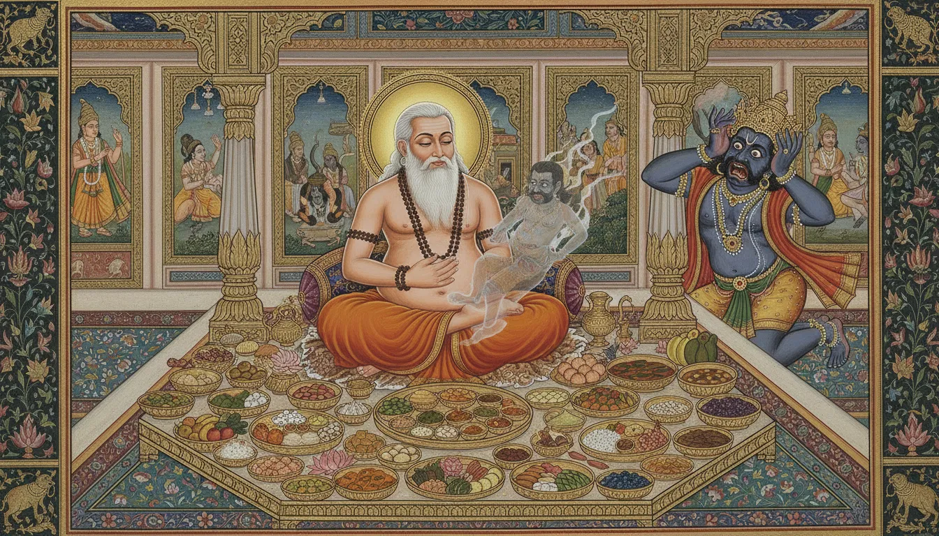 Sage Agastya calmly digesting the demon Vatapi while the terrified Ilvala watches