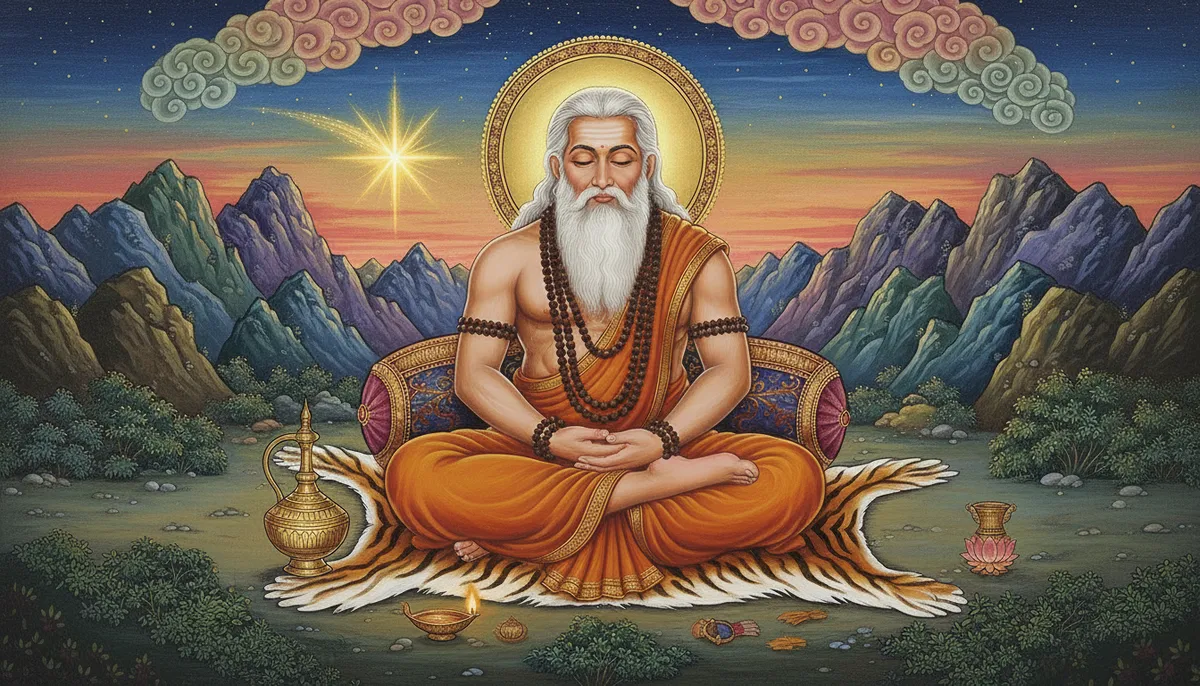 Sage Agastya, the legendary Vedic rishi, meditating in his ashram with the Vindhya mountains and southern stars in the background