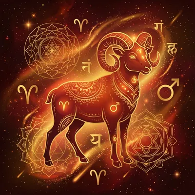 Aries zodiac sign with ram symbol in cosmic background