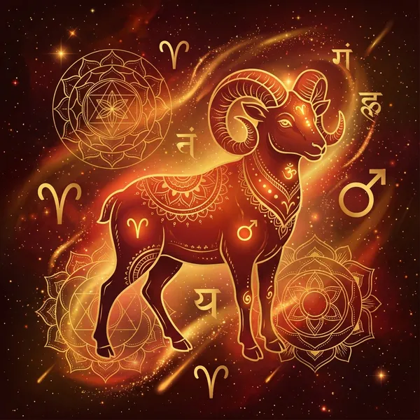 Aries zodiac sign with ram symbol in cosmic background