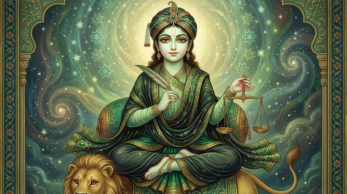 Mercury (Budha) as a youthful prince with green-tinted complexion holding symbols of commerce and learning