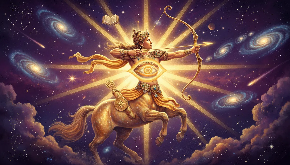 Dhanu (Sagittarius) zodiac sign with archer centaur symbol in cosmic background
