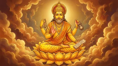 Jupiter (Guru/Brihaspati) as a golden-complexioned sage with saffron robes seated in a scholarly pose