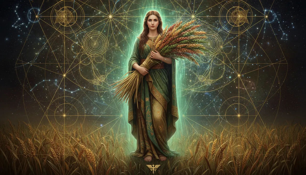 Kanya (Virgo) zodiac sign with maiden symbol in cosmic background