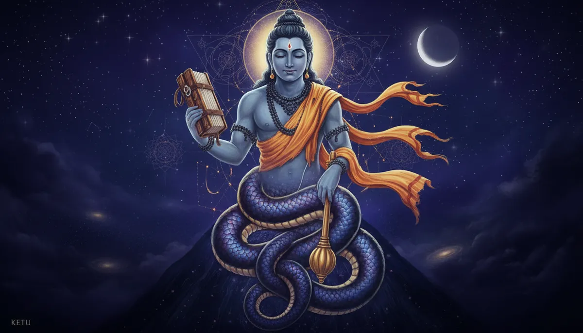 Ketu depicted as the shadow planet with serpentine form holding sacred scripture