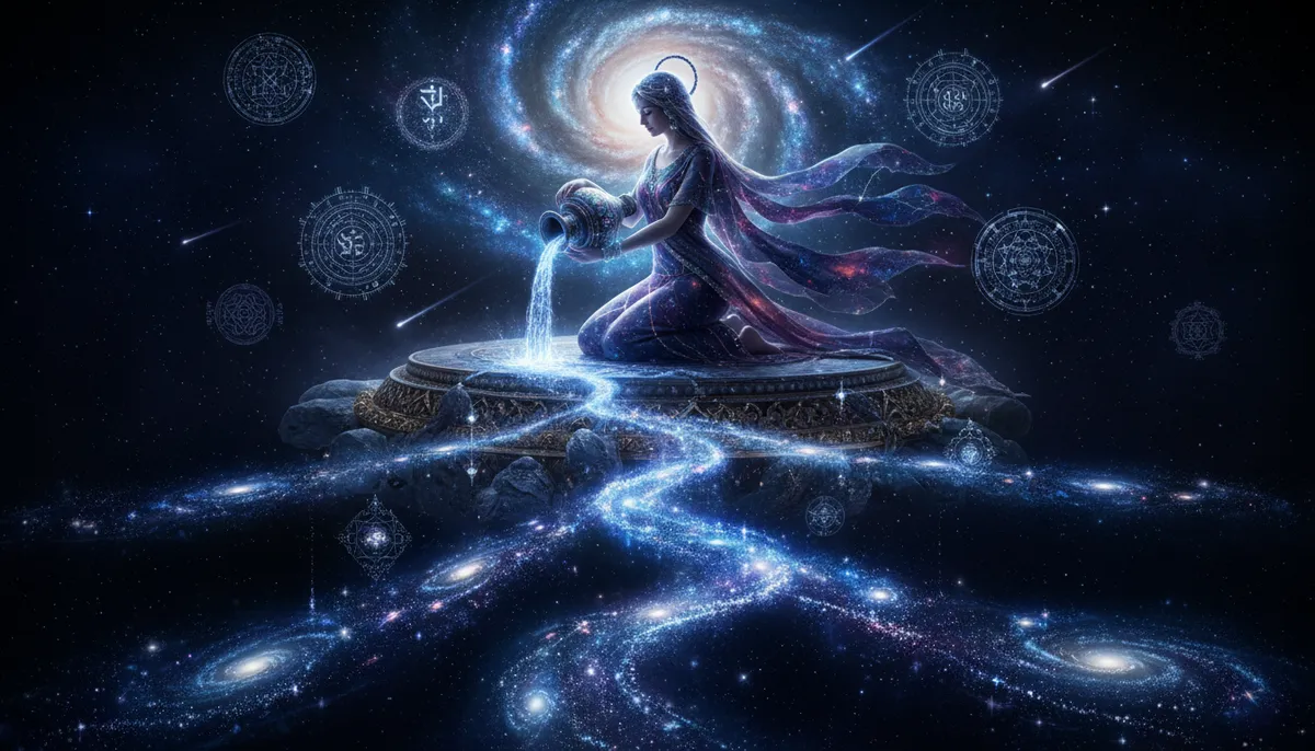 Kumbha (Aquarius) zodiac sign with water bearer symbol in cosmic background