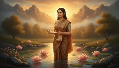 Sage Lopamudra, the Vedic philosopher and Rigveda hymn composer, standing by a sacred river at sunrise