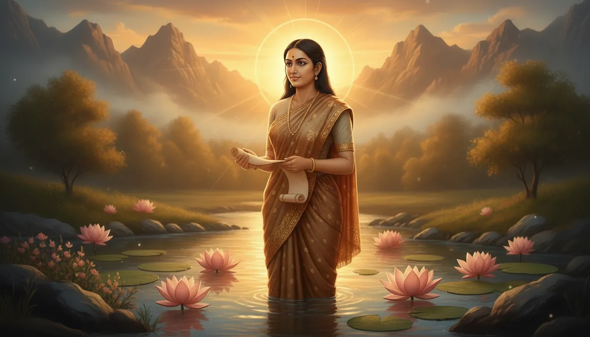 Sage Lopamudra, the Vedic philosopher and Rigveda hymn composer, standing by a sacred river at sunrise