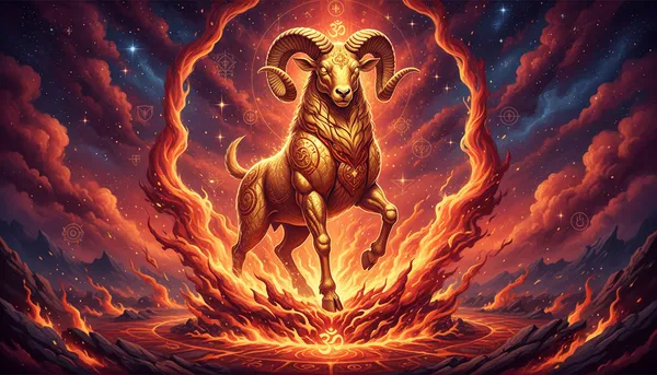 Mesha (Aries) zodiac sign with ram symbol in cosmic background