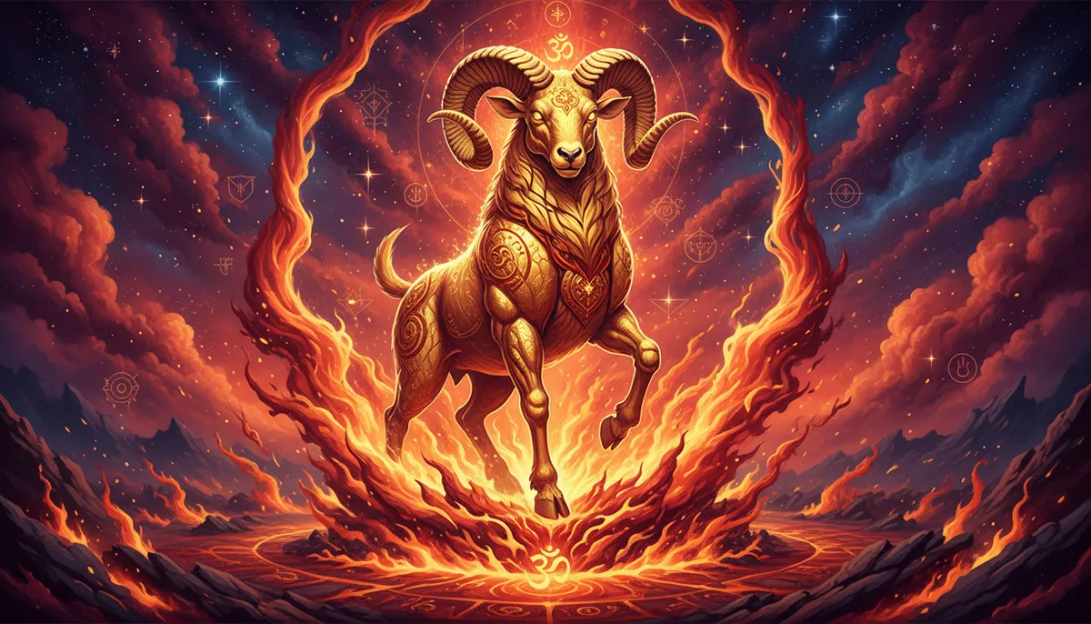 Mesha (Aries) zodiac sign with ram symbol in cosmic background