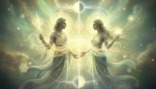 Mithuna (Gemini) zodiac sign with twin symbol in cosmic background