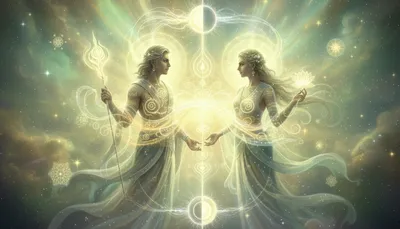 Mithuna (Gemini) zodiac sign with twin symbol in cosmic background