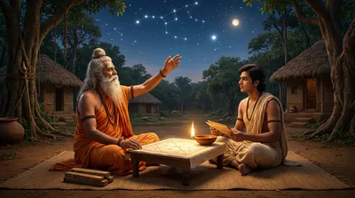Sage Parashara teaching Vedic astrology to his disciple Maitreya in an ancient forest ashram