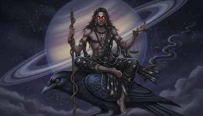 Saturn (Shani) depicted as a dark figure with piercing gaze, holding symbols of karma and time