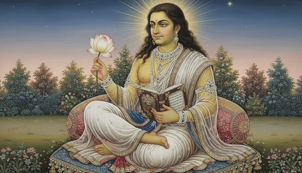 Venus (Shukra) as a luminous figure with variegated complexion holding symbols of art and pleasure