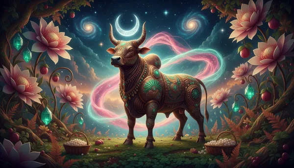 Vrishabha (Taurus) zodiac sign with bull symbol in cosmic background