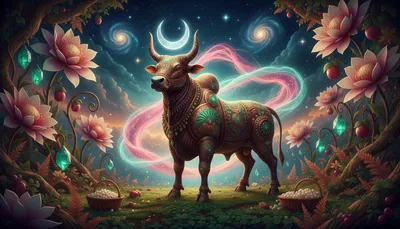 Vrishabha (Taurus) zodiac sign with bull symbol in cosmic background